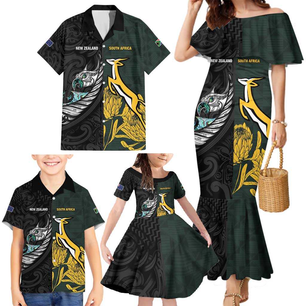 New Zealand and South Africa Rugby Custom Family Matching Mermaid Dress and Hawaiian Shirt Silver Fern With Springboks
