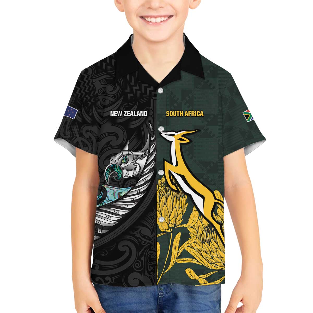 New Zealand and South Africa Rugby Custom Family Matching Off The Shoulder Long Sleeve Dress and Hawaiian Shirt Silver Fern With Springboks