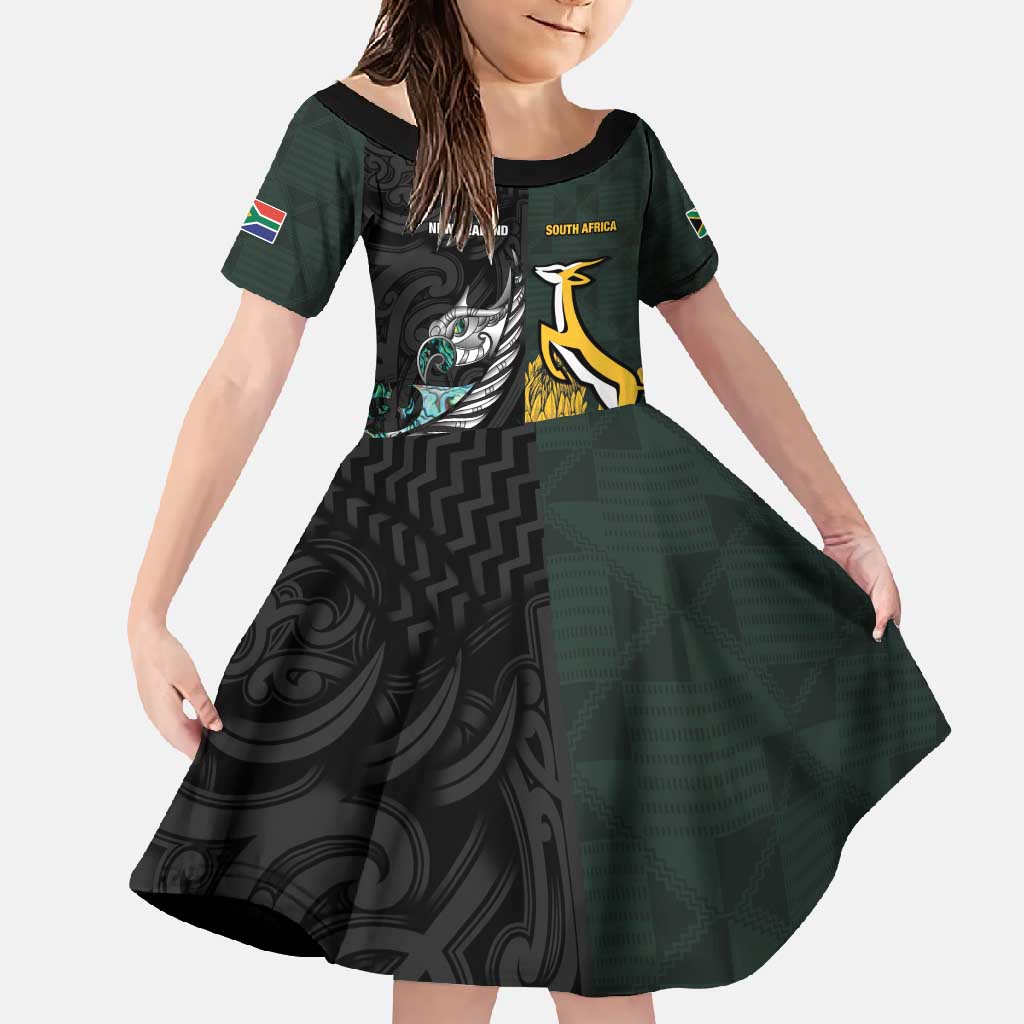 New Zealand and South Africa Rugby Custom Family Matching Off Shoulder Maxi Dress and Hawaiian Shirt Silver Fern With Springboks