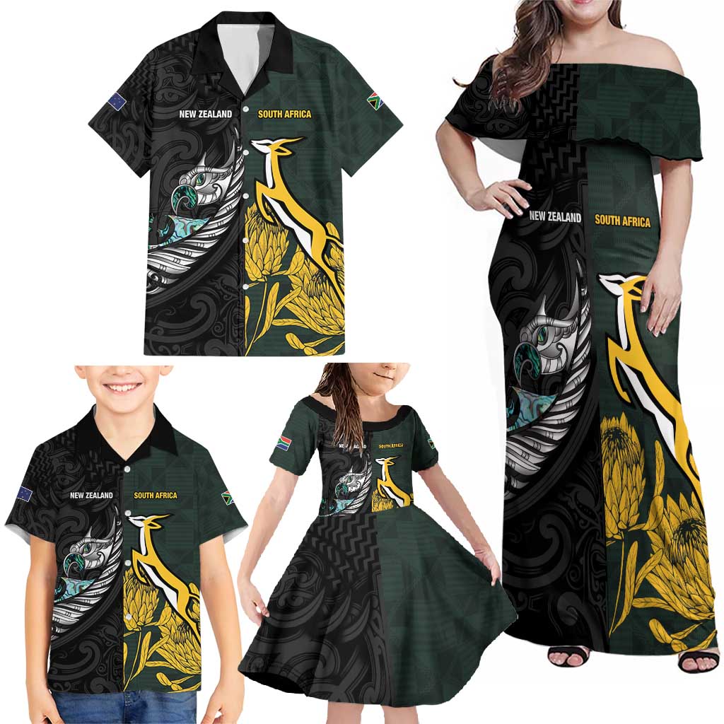 New Zealand and South Africa Rugby Custom Family Matching Off Shoulder Maxi Dress and Hawaiian Shirt Silver Fern With Springboks
