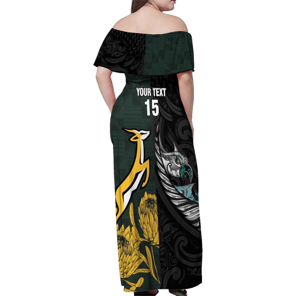 New Zealand and South Africa Rugby Custom Family Matching Off Shoulder Maxi Dress and Hawaiian Shirt Silver Fern With Springboks