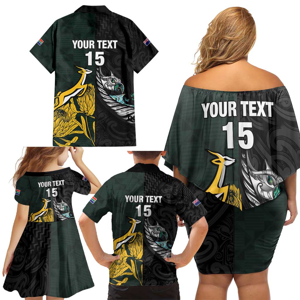 New Zealand and South Africa Rugby Custom Family Matching Off Shoulder Short Dress and Hawaiian Shirt Silver Fern With Springboks