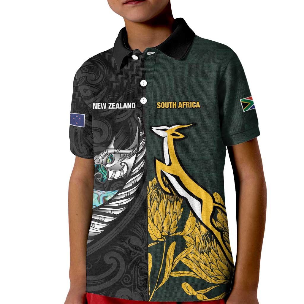 New Zealand and South Africa Rugby Custom Kid Polo Shirt Silver Fern With Springboks