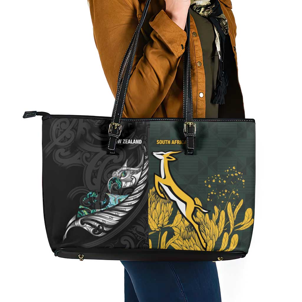 New Zealand and South Africa Rugby Leather Tote Bag Silver Fern With Springboks