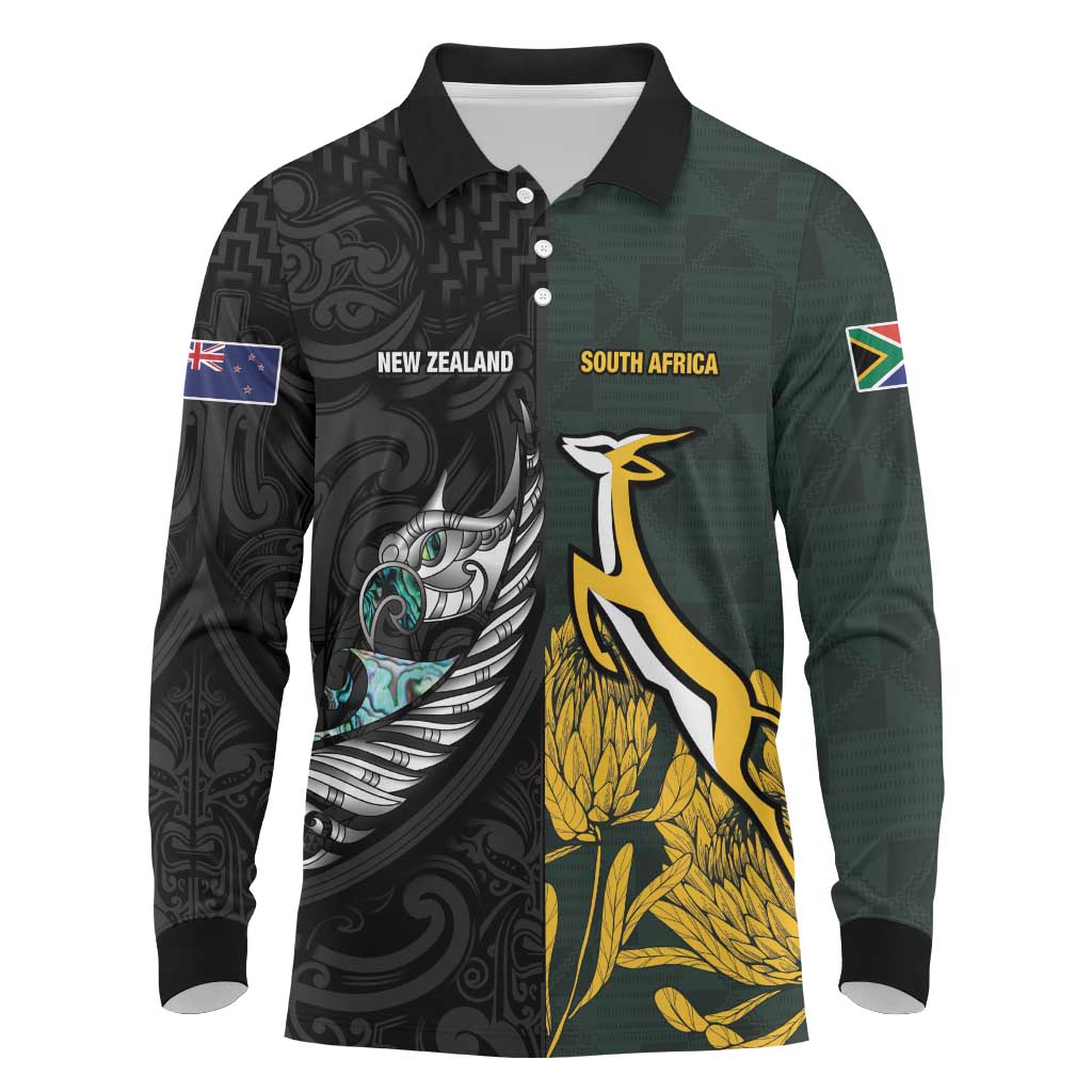 New Zealand and South Africa Rugby Custom Long Sleeve Polo Shirt Silver Fern With Springboks