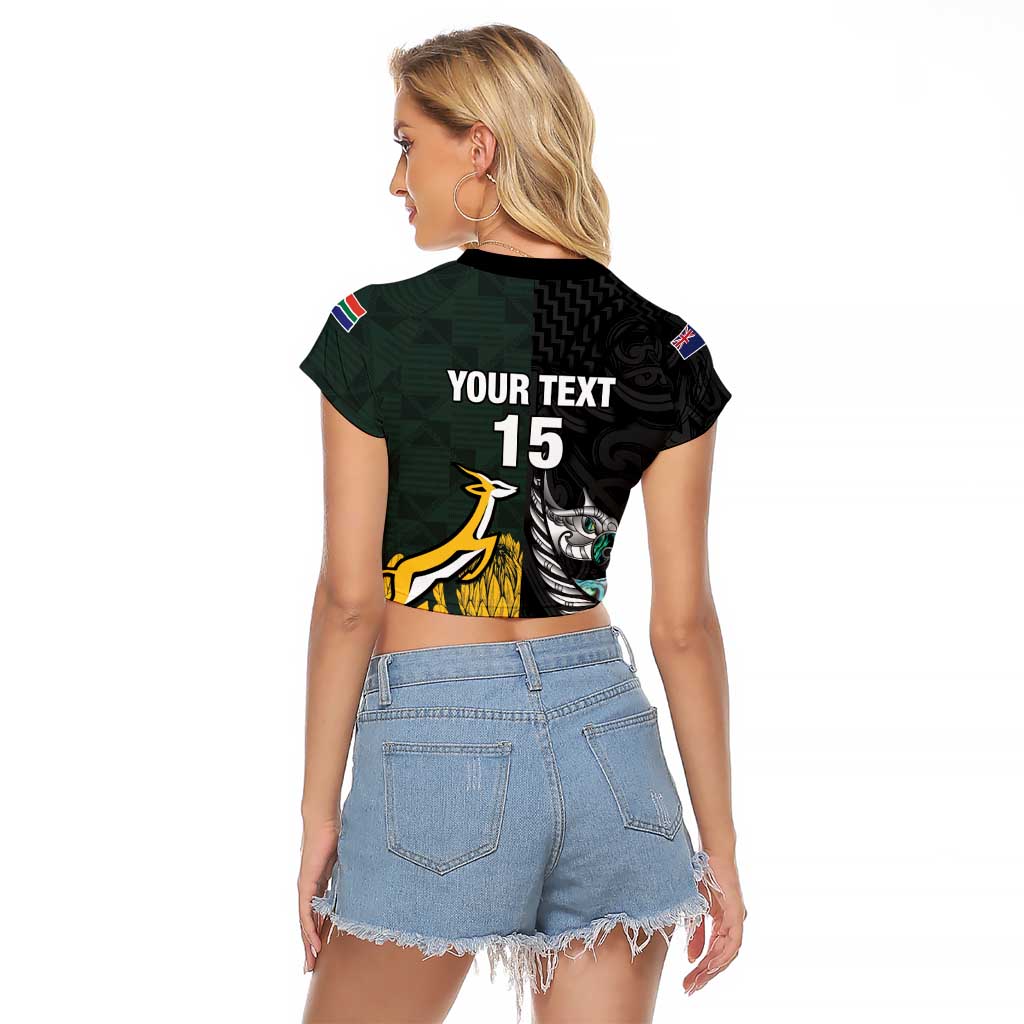 New Zealand and South Africa Rugby Custom Raglan Cropped T Shirt Silver Fern With Springboks