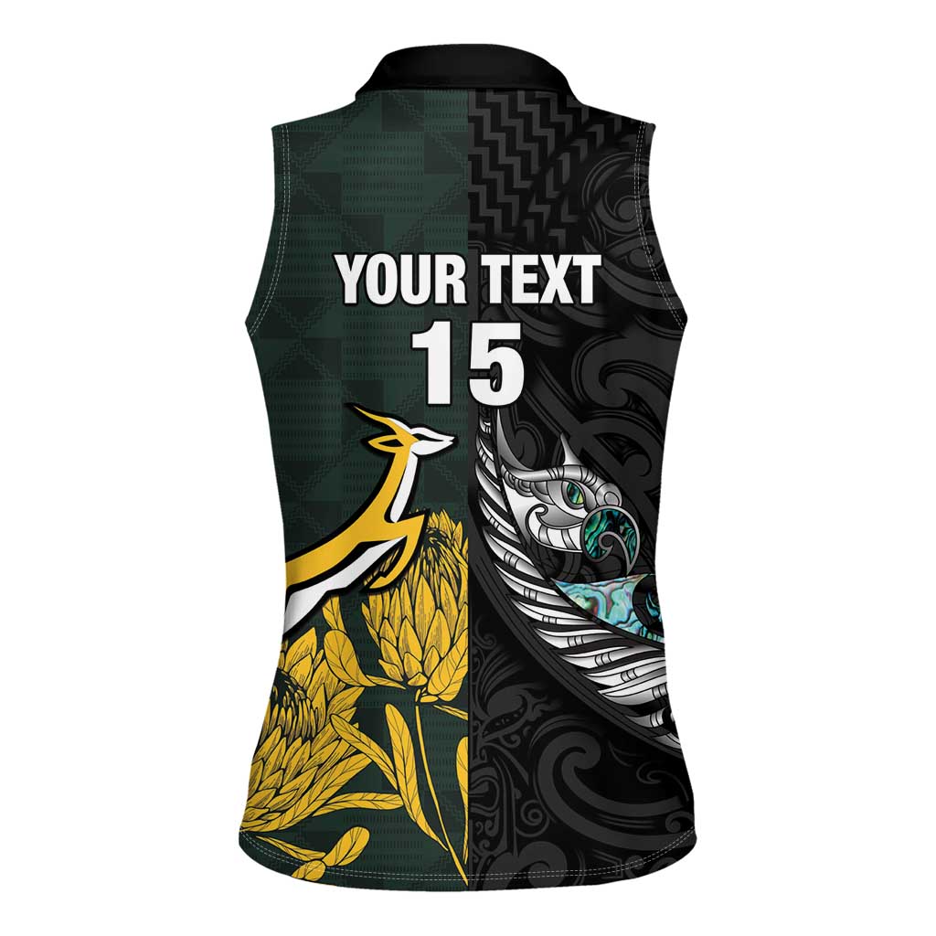New Zealand and South Africa Rugby Custom Women Sleeveless Polo Shirt Silver Fern With Springboks
