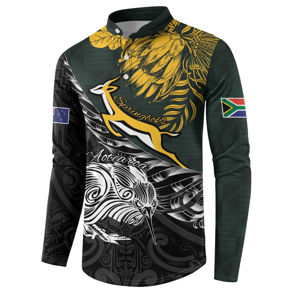 New Zealand and South Africa Rugby Personalised Button Sweatshirt Maori Kiwi With Springboks