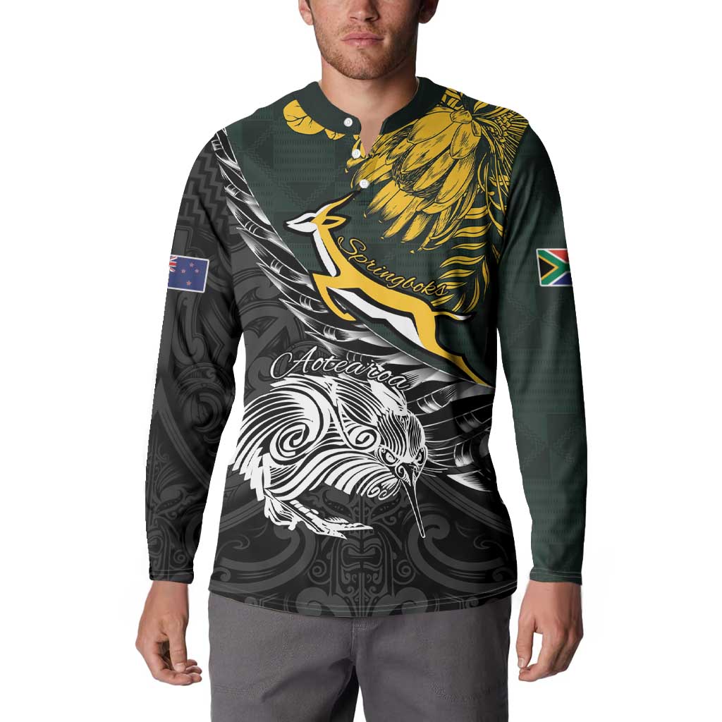 New Zealand and South Africa Rugby Personalised Button Sweatshirt Maori Kiwi With Springboks