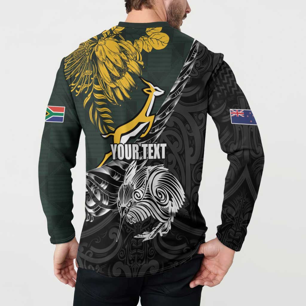 New Zealand and South Africa Rugby Personalised Button Sweatshirt Maori Kiwi With Springboks