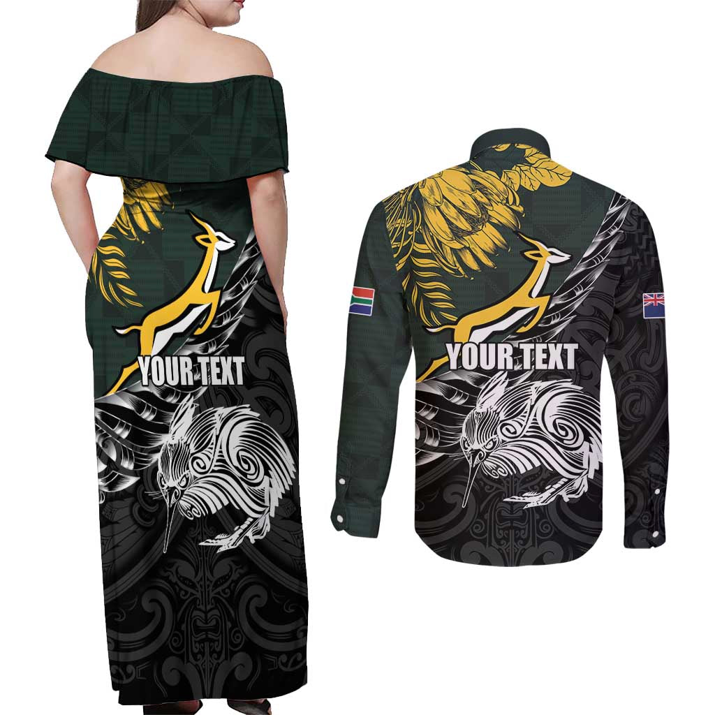 New Zealand and South Africa Rugby Personalised Couples Matching Off Shoulder Maxi Dress and Long Sleeve Button Shirt Maori Kiwi With Springboks