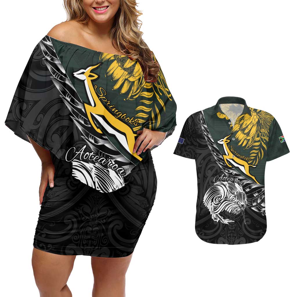 New Zealand and South Africa Rugby Personalised Couples Matching Off Shoulder Short Dress and Hawaiian Shirt Maori Kiwi With Springboks