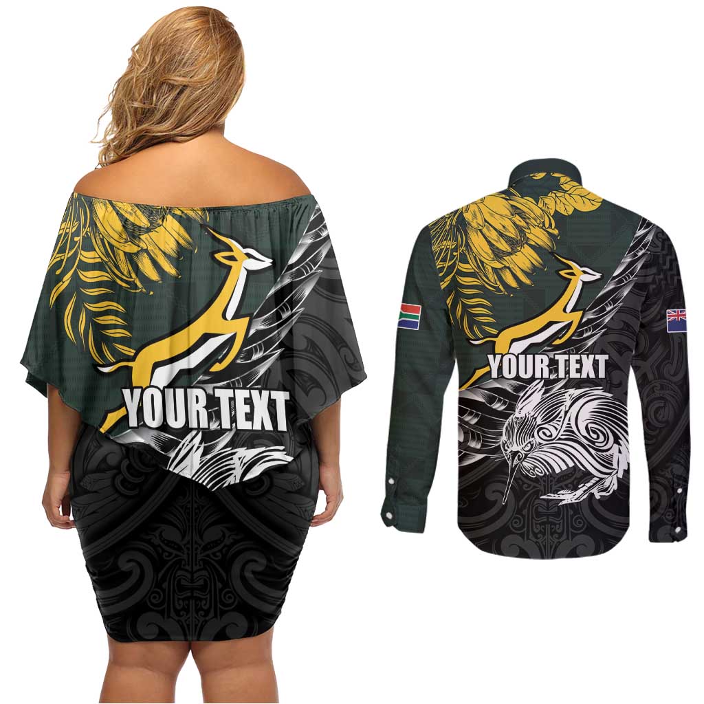 New Zealand and South Africa Rugby Personalised Couples Matching Off Shoulder Short Dress and Long Sleeve Button Shirt Maori Kiwi With Springboks