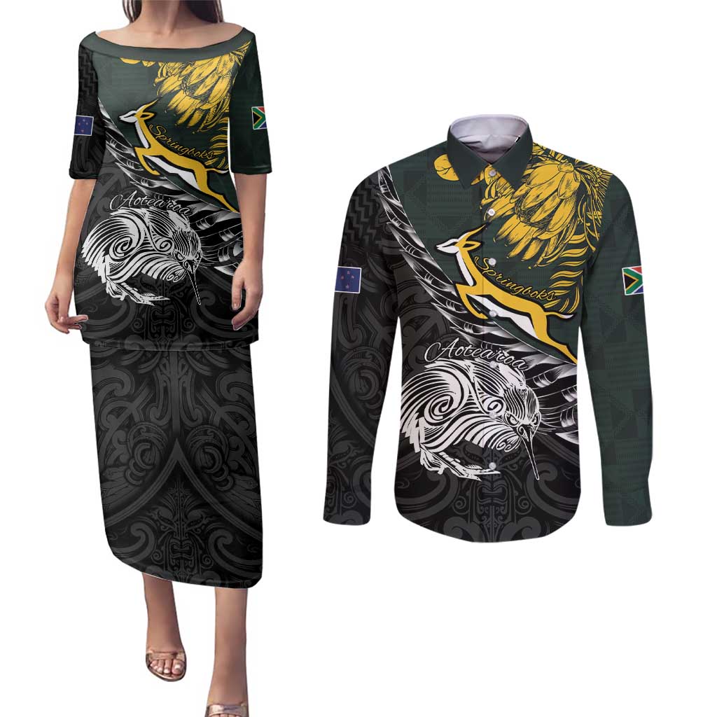 New Zealand and South Africa Rugby Personalised Couples Matching Puletasi and Long Sleeve Button Shirt Maori Kiwi With Springboks