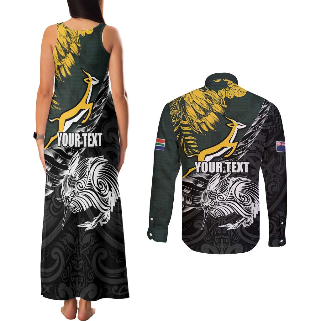 New Zealand and South Africa Rugby Personalised Couples Matching Tank Maxi Dress and Long Sleeve Button Shirt Maori Kiwi With Springboks
