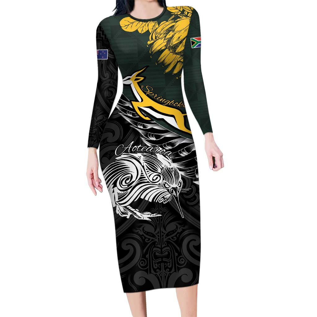 New Zealand and South Africa Rugby Personalised Family Matching Long Sleeve Bodycon Dress and Hawaiian Shirt Maori Kiwi With Springboks