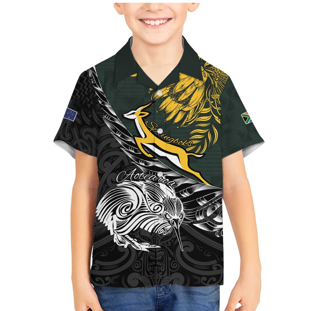 New Zealand and South Africa Rugby Personalised Family Matching Mermaid Dress and Hawaiian Shirt Maori Kiwi With Springboks