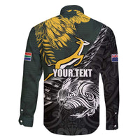 New Zealand and South Africa Rugby Personalised Family Matching Off The Shoulder Long Sleeve Dress and Hawaiian Shirt Maori Kiwi With Springboks