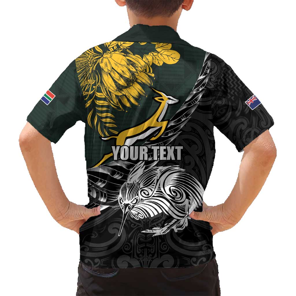New Zealand and South Africa Rugby Personalised Family Matching Off Shoulder Maxi Dress and Hawaiian Shirt Maori Kiwi With Springboks