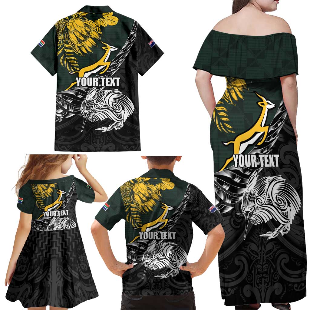 New Zealand and South Africa Rugby Personalised Family Matching Off Shoulder Maxi Dress and Hawaiian Shirt Maori Kiwi With Springboks