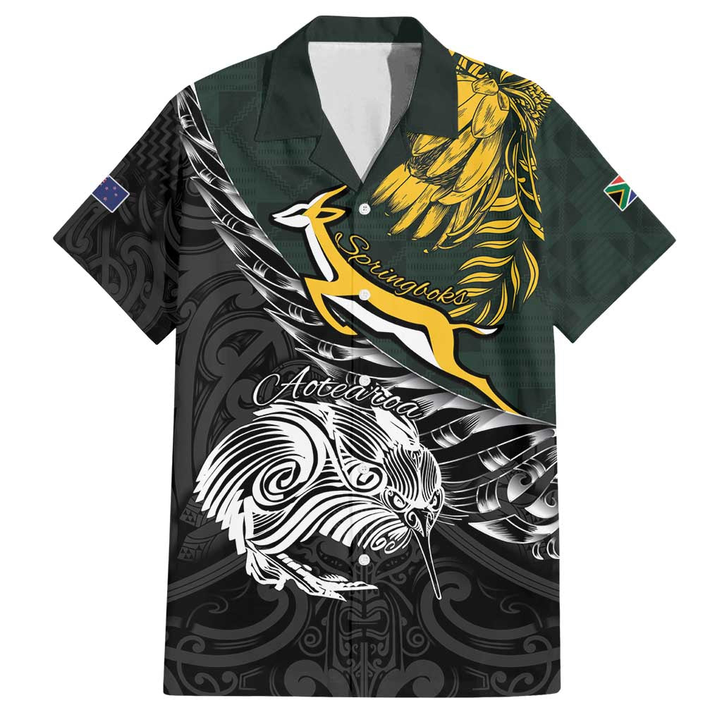 New Zealand and South Africa Rugby Personalised Family Matching Off Shoulder Maxi Dress and Hawaiian Shirt Maori Kiwi With Springboks