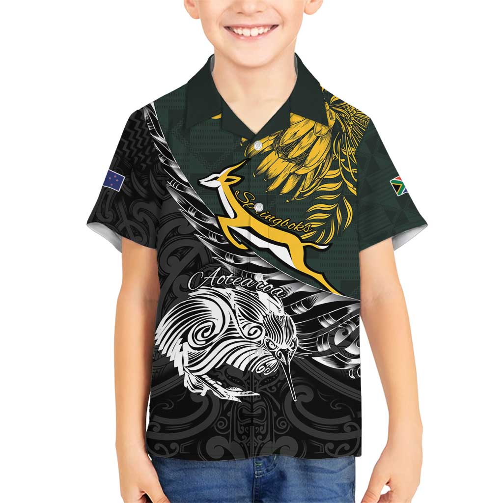 New Zealand and South Africa Rugby Personalised Family Matching Off Shoulder Maxi Dress and Hawaiian Shirt Maori Kiwi With Springboks