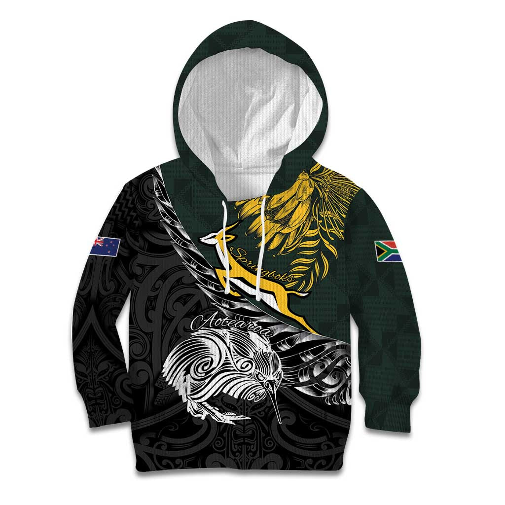 New Zealand and South Africa Rugby Personalised Kid Hoodie Maori Kiwi With Springboks