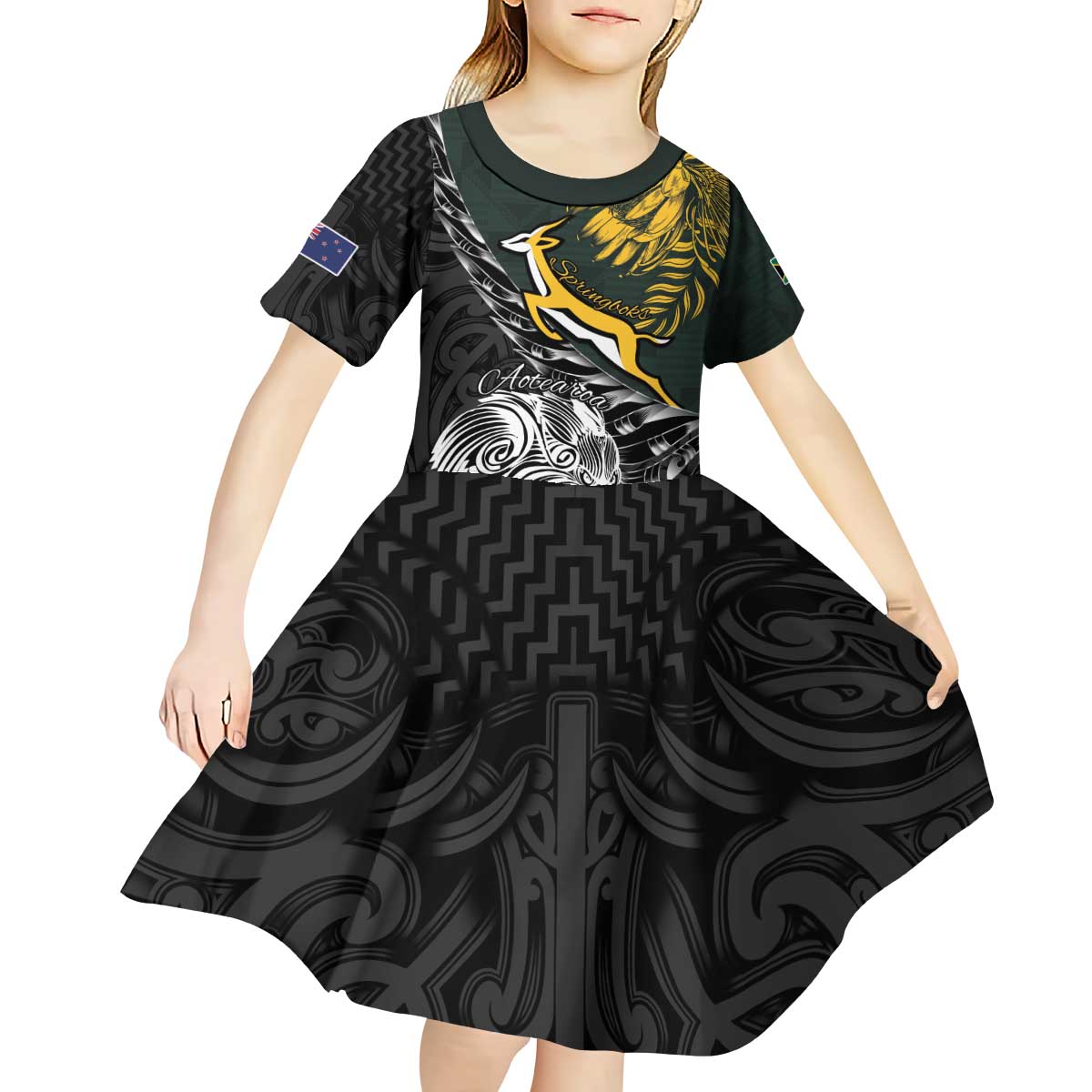 New Zealand and South Africa Rugby Personalised Kid Short Sleeve Dress Maori Kiwi With Springboks