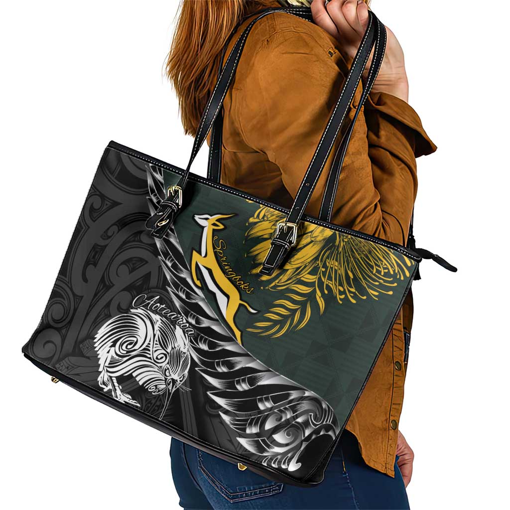 New Zealand and South Africa Rugby Leather Tote Bag Maori Kiwi With Springboks