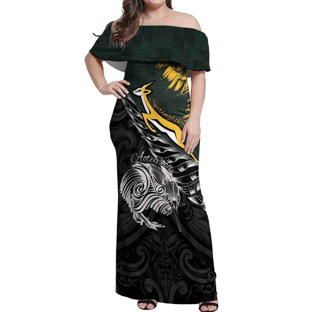 New Zealand and South Africa Rugby Personalised Off Shoulder Maxi Dress Maori Kiwi With Springboks