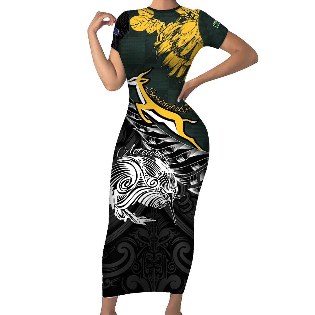 New Zealand and South Africa Rugby Personalised Short Sleeve Bodycon Dress Maori Kiwi With Springboks