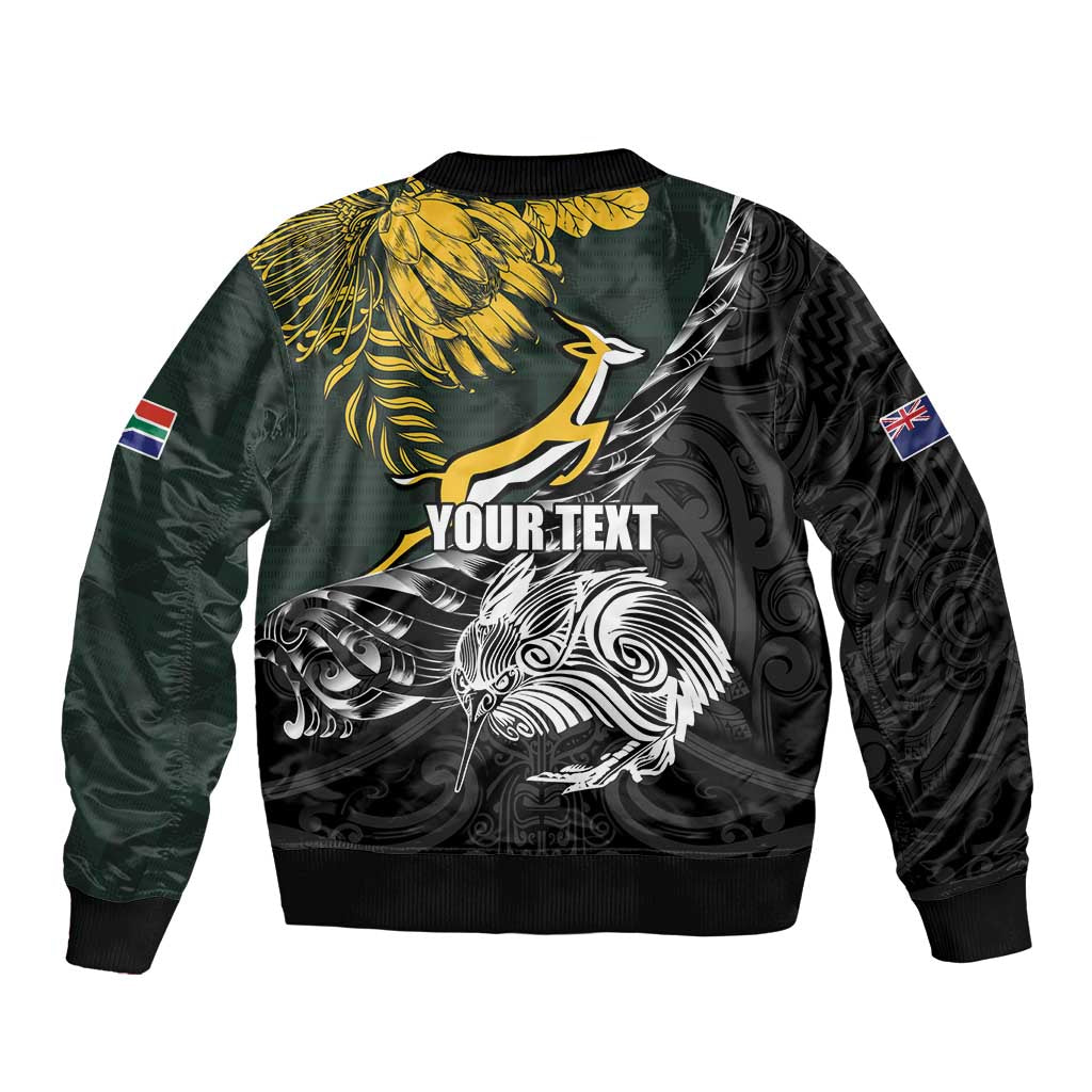 New Zealand and South Africa Rugby Personalised Sleeve Zip Bomber Jacket Maori Kiwi With Springboks
