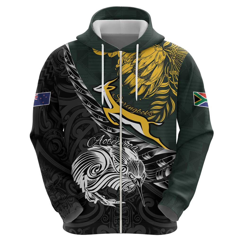 New Zealand and South Africa Rugby Personalised Zip Hoodie Maori Kiwi With Springboks