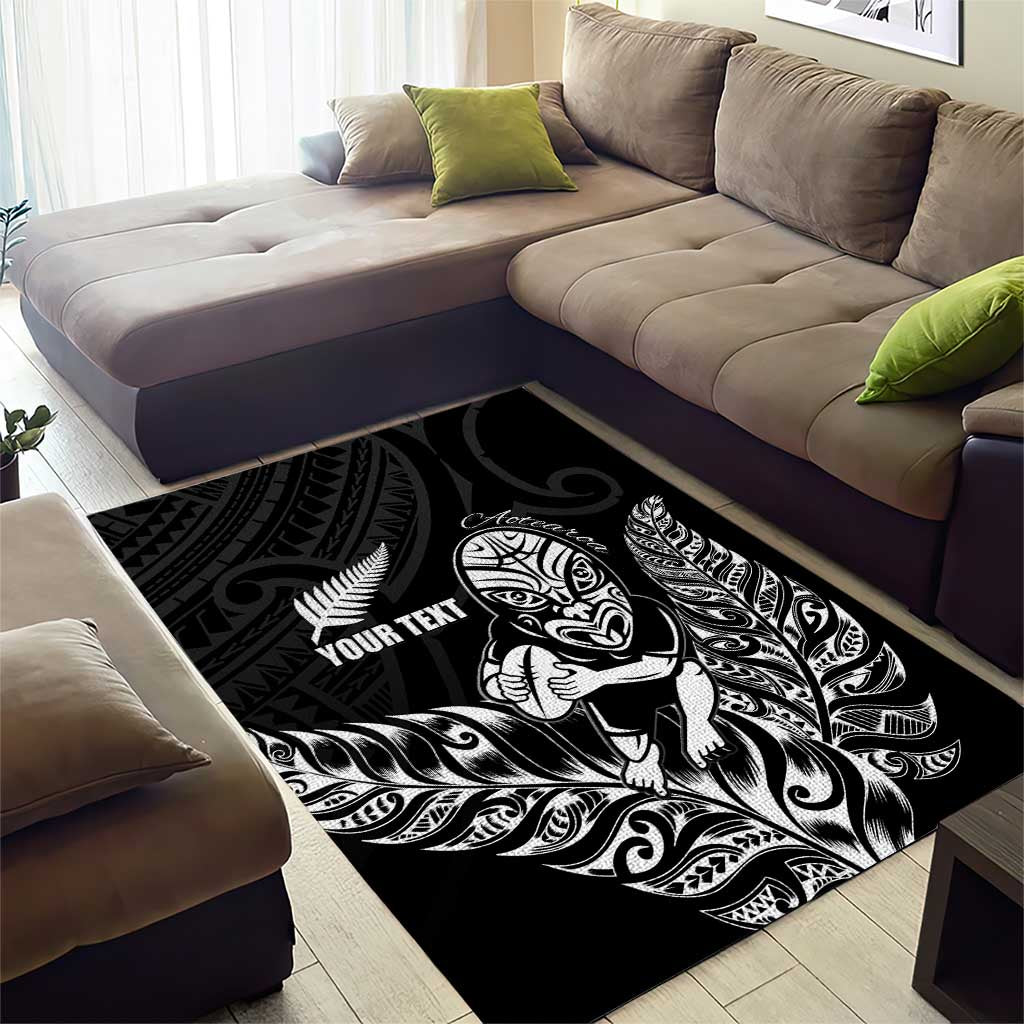 New Zealand Silver Fern Rugby Custom Area Rug Maori Tiki Black Version