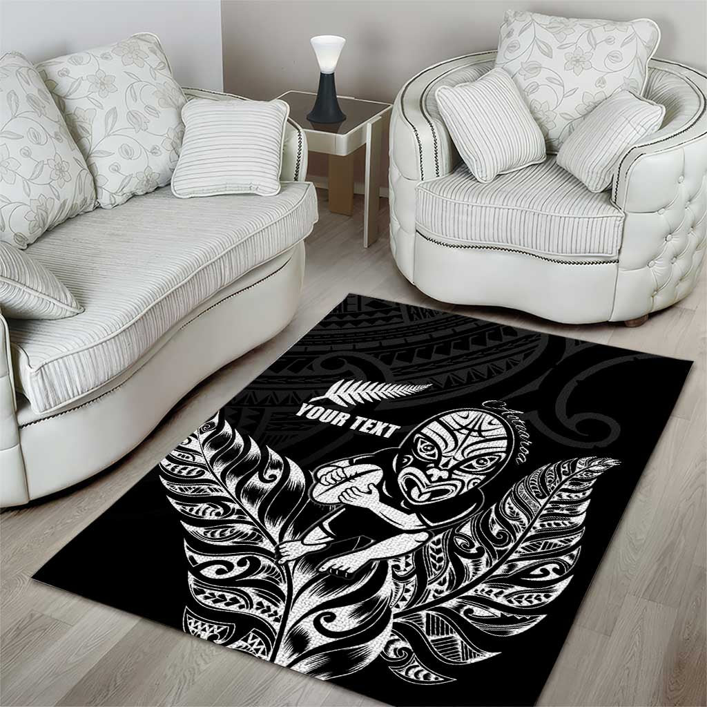 New Zealand Silver Fern Rugby Custom Area Rug Maori Tiki Black Version