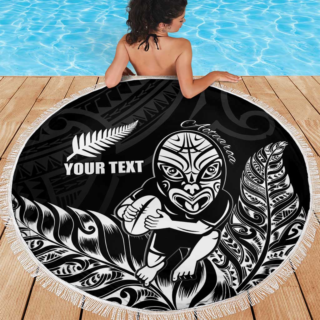 New Zealand Silver Fern Rugby Custom Beach Blanket Maori Tiki Black Version