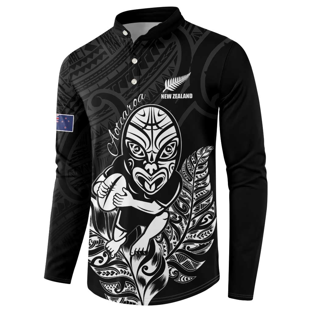 New Zealand Silver Fern Rugby Custom Button Sweatshirt Maori Tiki Black Version