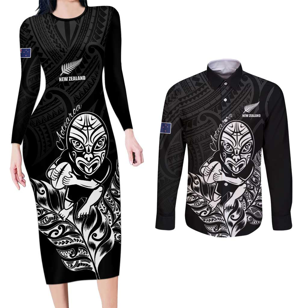 New Zealand Silver Fern Rugby Custom Couples Matching Long Sleeve Bodycon Dress and Long Sleeve Button Shirt Maori Tiki Black Version