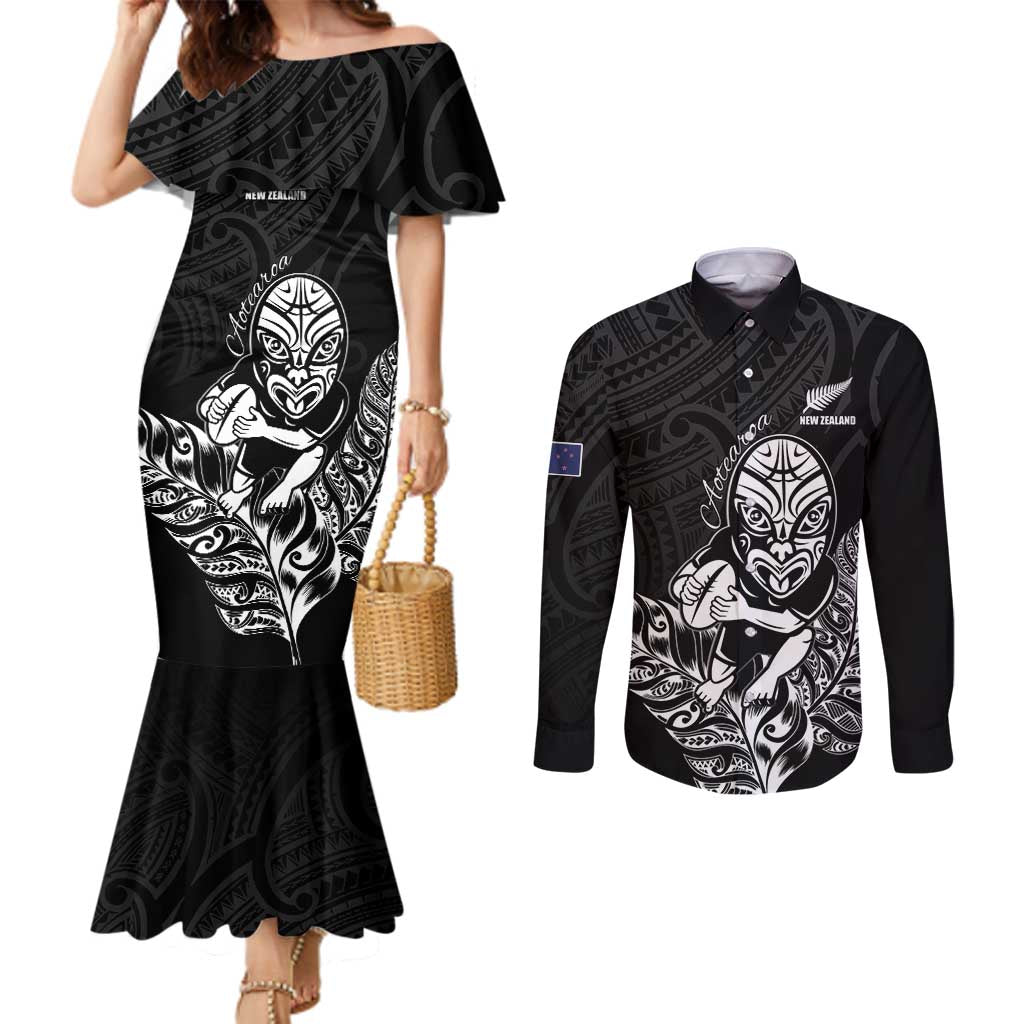 New Zealand Silver Fern Rugby Custom Couples Matching Mermaid Dress and Long Sleeve Button Shirt Maori Tiki Black Version