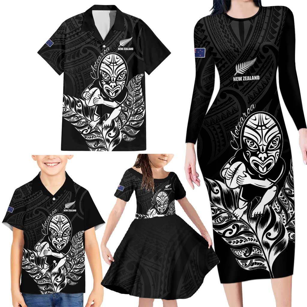 New Zealand Silver Fern Rugby Custom Family Matching Long Sleeve Bodycon Dress and Hawaiian Shirt Maori Tiki Black Version