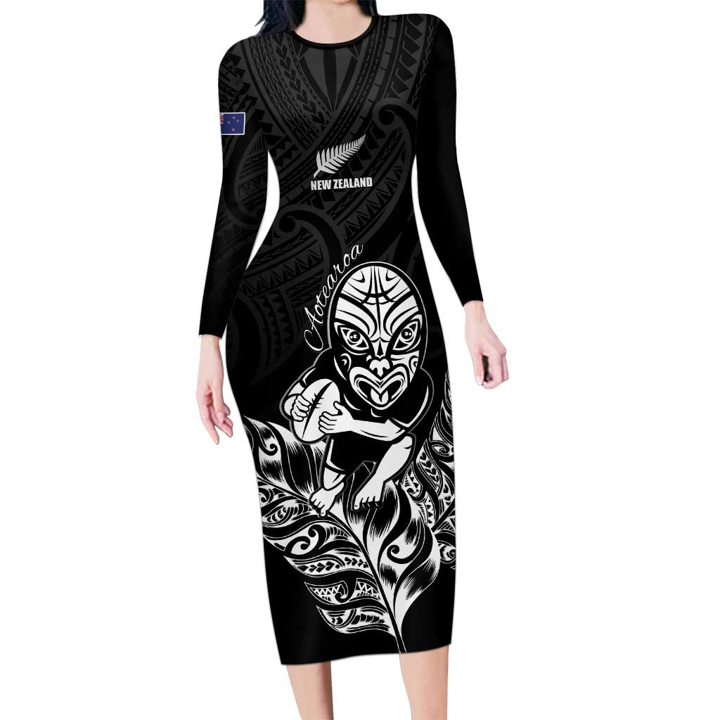 New Zealand Silver Fern Rugby Custom Family Matching Long Sleeve Bodycon Dress and Hawaiian Shirt Maori Tiki Black Version