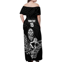 New Zealand Silver Fern Rugby Custom Family Matching Off Shoulder Maxi Dress and Hawaiian Shirt Maori Tiki Black Version