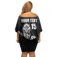New Zealand Silver Fern Rugby Custom Family Matching Off Shoulder Short Dress and Hawaiian Shirt Maori Tiki Black Version