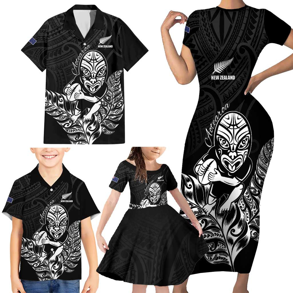New Zealand Silver Fern Rugby Custom Family Matching Short Sleeve Bodycon Dress and Hawaiian Shirt Maori Tiki Black Version