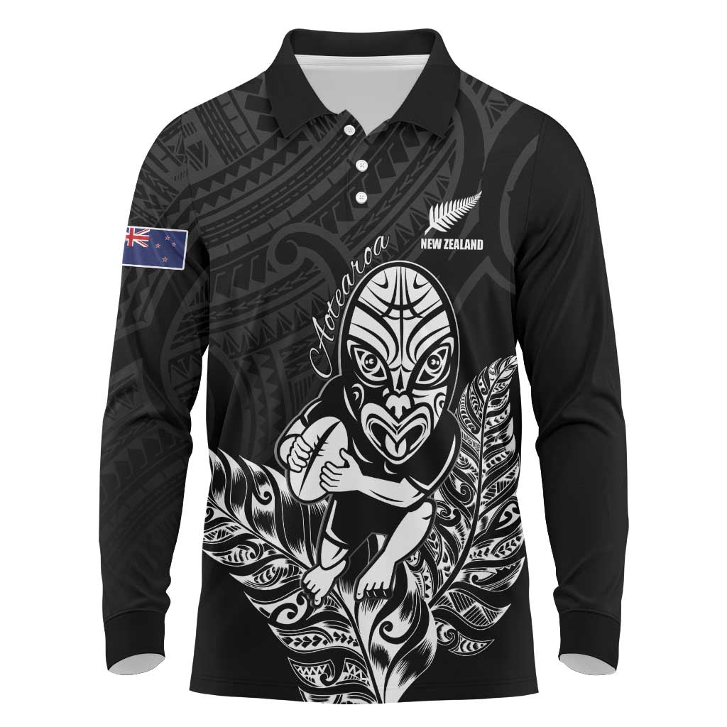 New Zealand Silver Fern Rugby Custom Long Sleeve Polo Shirt Maori Tiki Black Version