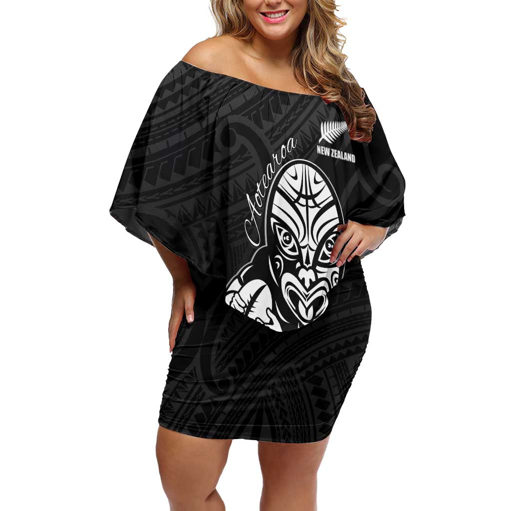New Zealand Silver Fern Rugby Custom Off Shoulder Short Dress Maori Tiki Black Version