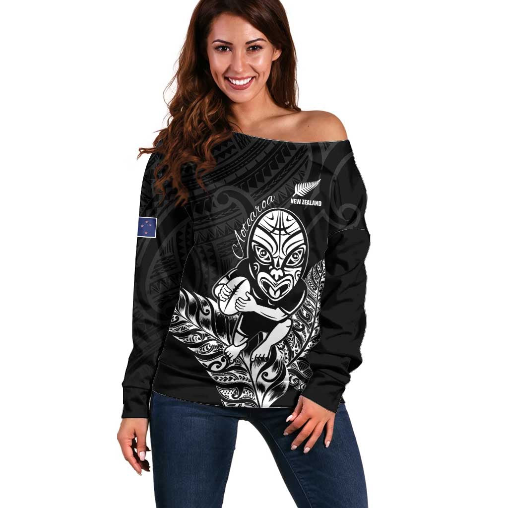 New Zealand Silver Fern Rugby Custom Off Shoulder Sweater Maori Tiki Black Version