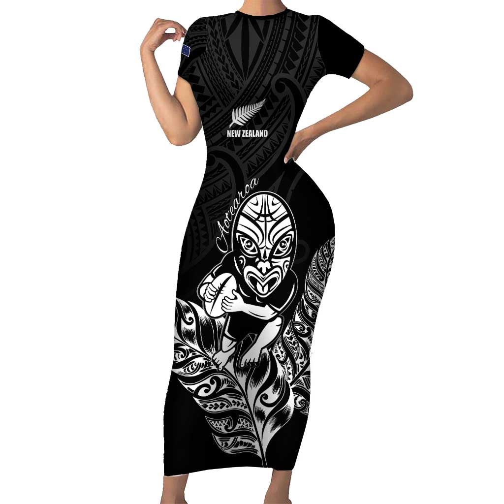 New Zealand Silver Fern Rugby Custom Short Sleeve Bodycon Dress Maori Tiki Black Version