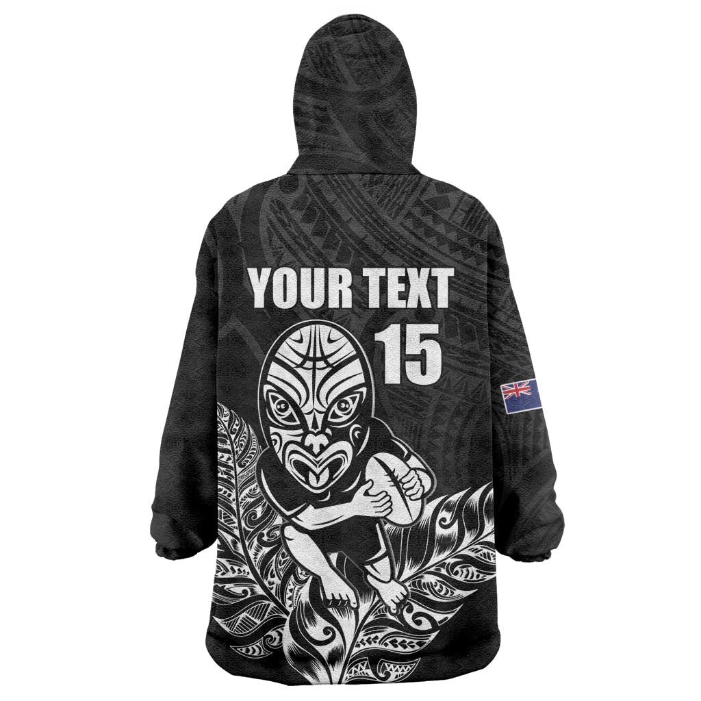 New Zealand Silver Fern Rugby Custom Wearable Blanket Hoodie Maori Tiki Black Version
