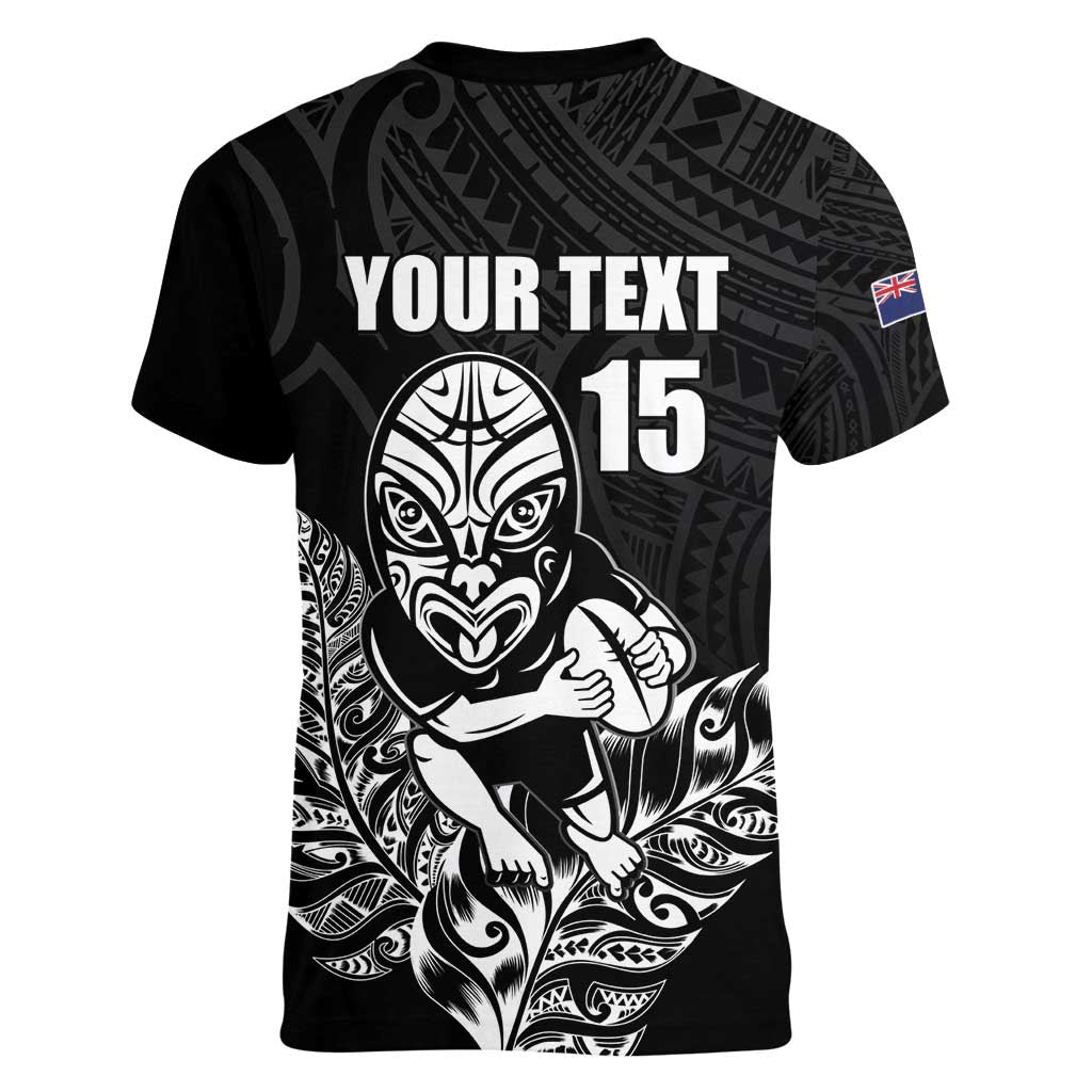 New Zealand Silver Fern Rugby Custom Women V-Neck T-Shirt Maori Tiki Black Version
